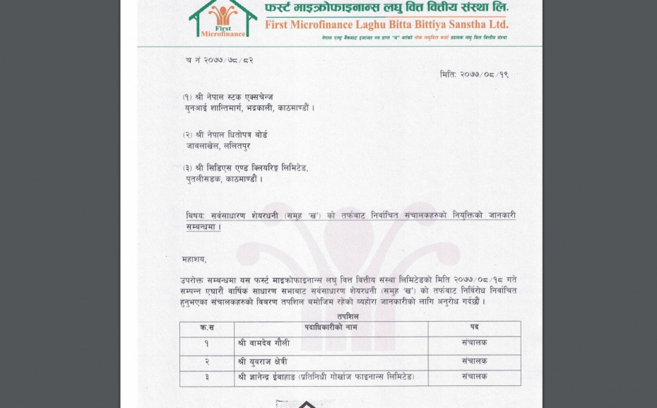 फर्स्ट माइक्रोफाइनान्सको सञ्चालकमा सर्वसाधारण सेयरधनी तर्फबाट ३ जना निर्वाचित