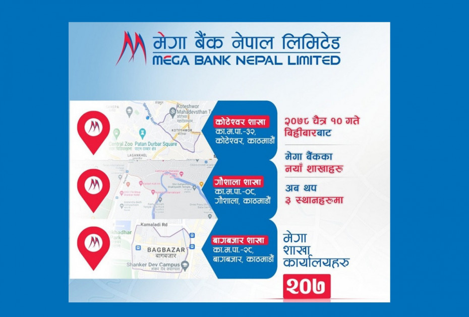 मेगा बैंकद्वारा काठमाण्डौमा एकैसाथ तीन नयाँ शाखा विस्तार